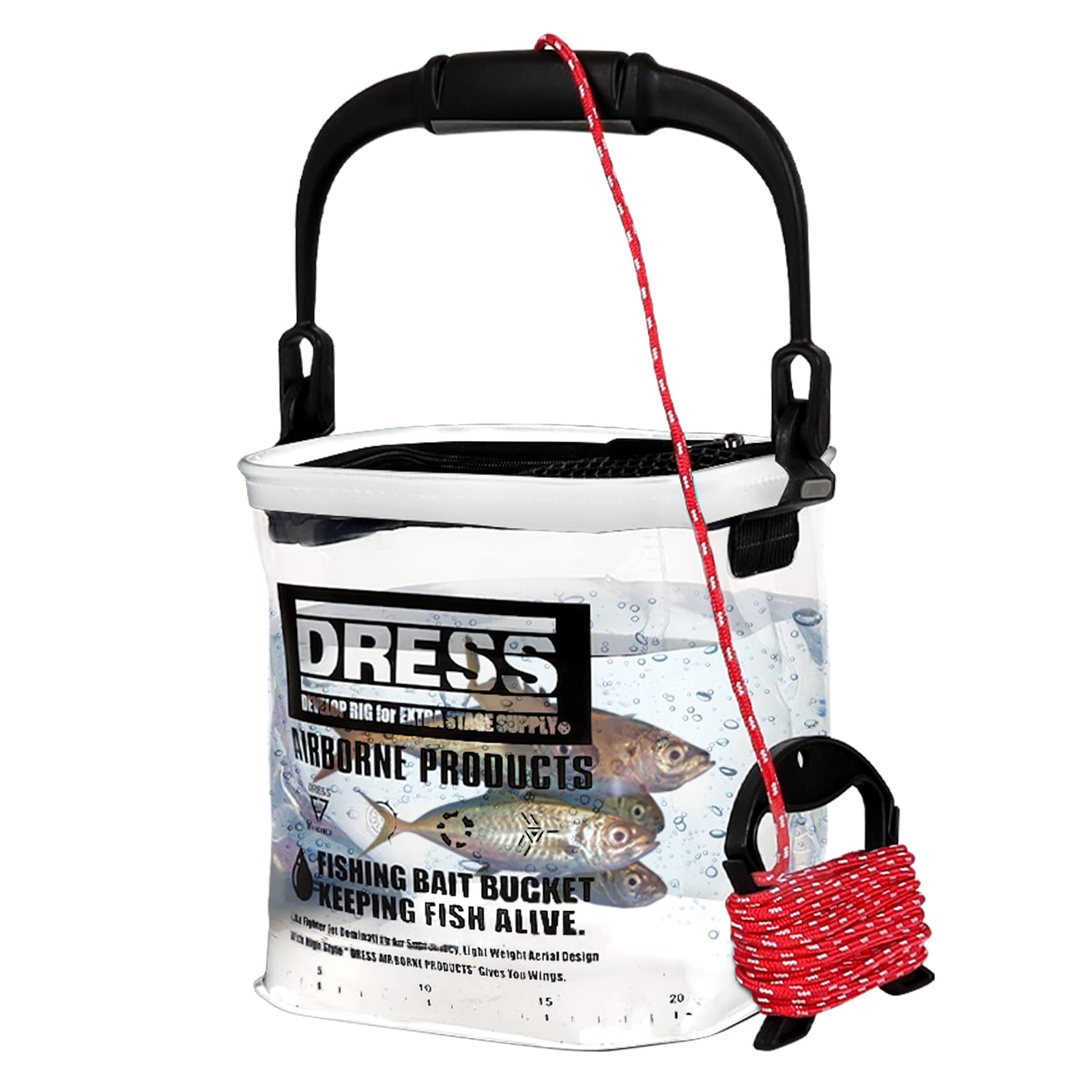 ドレス(DRESS) 活かし水汲みバケツ クリアホワイト 釣り 7ｍロープ&ホルダー付属 メッシュ蓋 ファスナー開閉 EVA 万能バケツ 透明 釣りグッズ バッカン