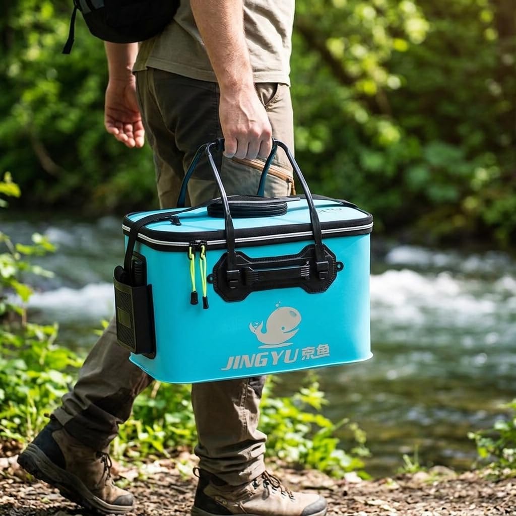 Récipient Pêche Pliable en EVA Revêtement Anti-Fuite Poignées Confortables pour l'Utilisation comme Seau à Poisson Boîte Pêche Lors s Sorties, Bleu Clair, 40 * 25 * 24cm