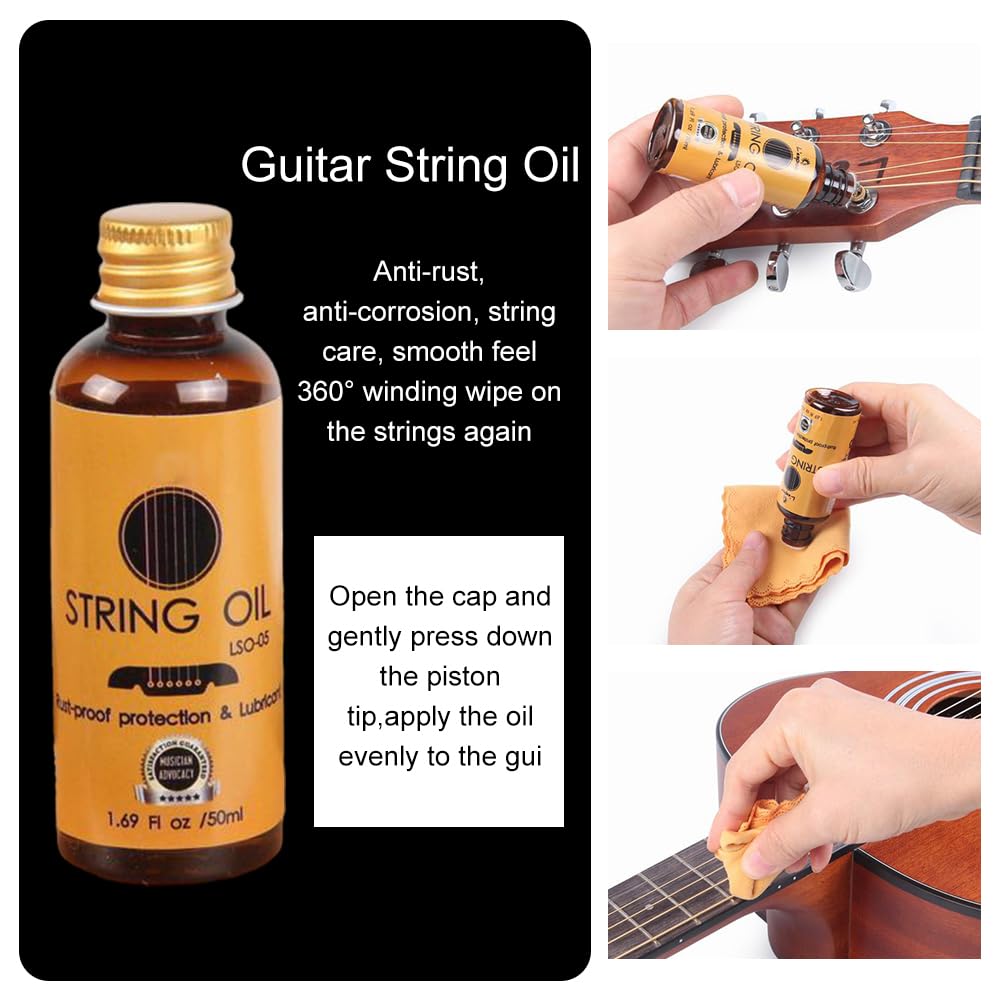 Czyszczenie gitary, Zestaw do czyszczenia gitary, Zestaw do pielęgnacji gitary, Guitar Cleaning Set, z politurą do gitary, olejem cytrynowym do podstrunnicy, olejem do czyszczenia strun, ściereczką do