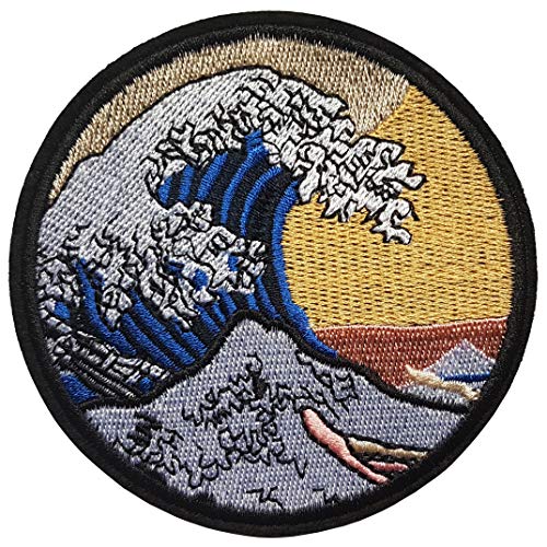 Écusson Grande Vague Kanagawa Hokusai Patch Thermocollant Japon à thermocoller transfert estampe japonaise à coller au fer repasser applique rond brodé the great wave off coudre t-shirt vêtement 9,1cm