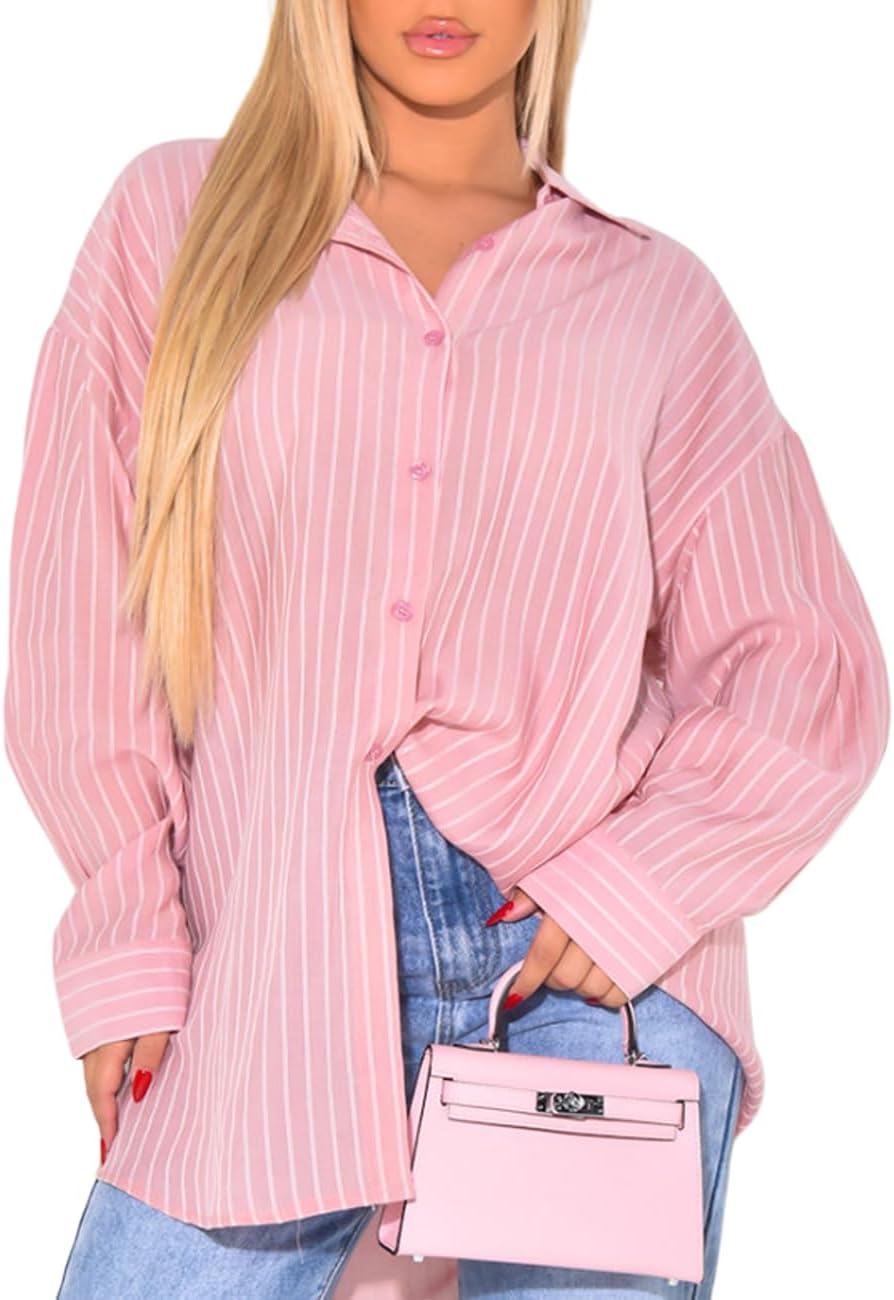 Women's Button Down Shirts Striped Dress Shirt Long Sleeve Collared Casual Blouses Tops