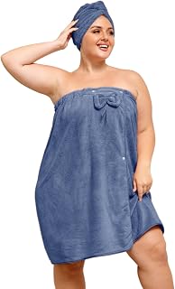 Plus Size Towel Wrap with Hair Towel for Women,Women Shower Wrap Spa Bathrobe Comfortable Bath Towels Body Wrap Adjustable + Hair Drying Towel,Dark Blue XL-XXL