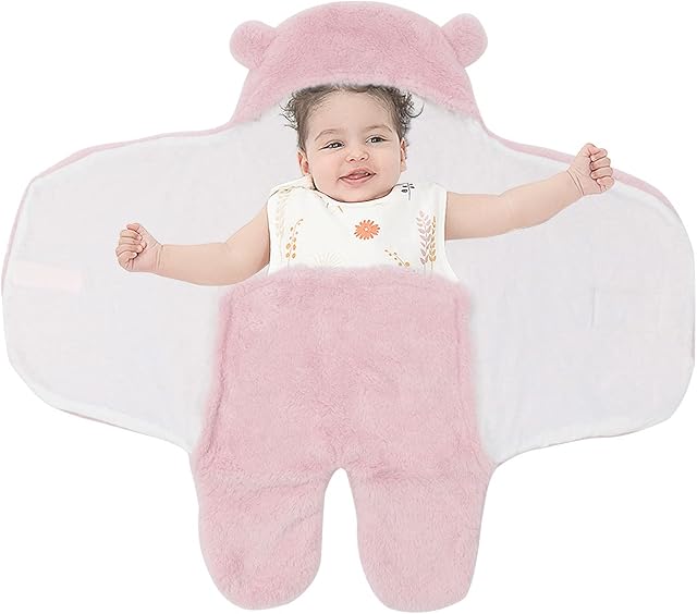 TURMIN Baby Hooded Swaddle, Super Soft Teddy Bear Pram Suit with Legs 2.0 Tog Sleeping Bag for Newborn Baby Essentials, Pink, S(0-1 Months)