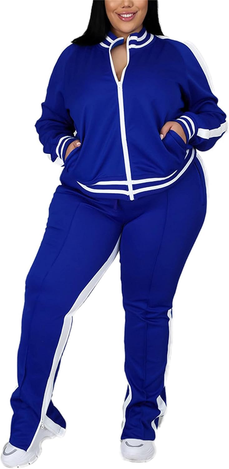 Hooreatee Womens Jogging Suits Plus Size Tracksuit Stripe Jackets Sweatpants 2 Piece Sweatsuits Set