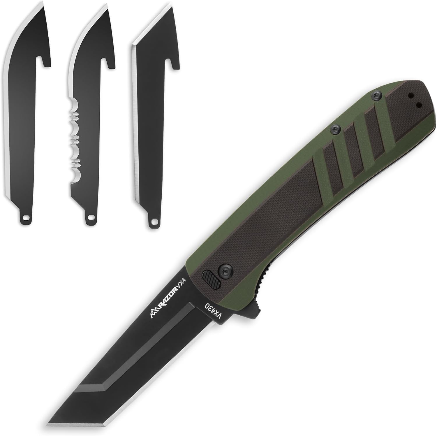 OUTDOOR EDGE Razor VX4 – 3" Replaceable Blade Folding Knife – Black Tanto Blade – Black G10 Over Green Handle – Reversible Clip – EDC, Outdoor & Survival