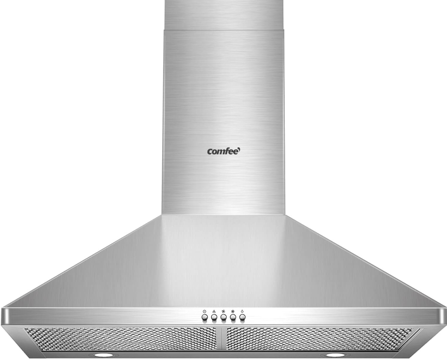 COMFEE' CVP30W6AST Ducted Pyramid Range 450 CFM Stainless Steel Wall Mount Vent Hood with 3 Speed Exhaust Fan, 5-Layer Aluminum Permanent Filters, Two LED Lights, Convertible to Ductless, 30 inches
