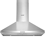 COMFEE' CVP30W6AST Ducted Pyramid Range 450 CFM Stainless Steel Wall Mount Vent Hood with 3 Speed Exhaust Fan, 5-Layer Aluminum Permanent Filters, Two LED Lights, Convertible to Ductless, 30 inches 30 inches 450 CFM Button Control Vent Hood