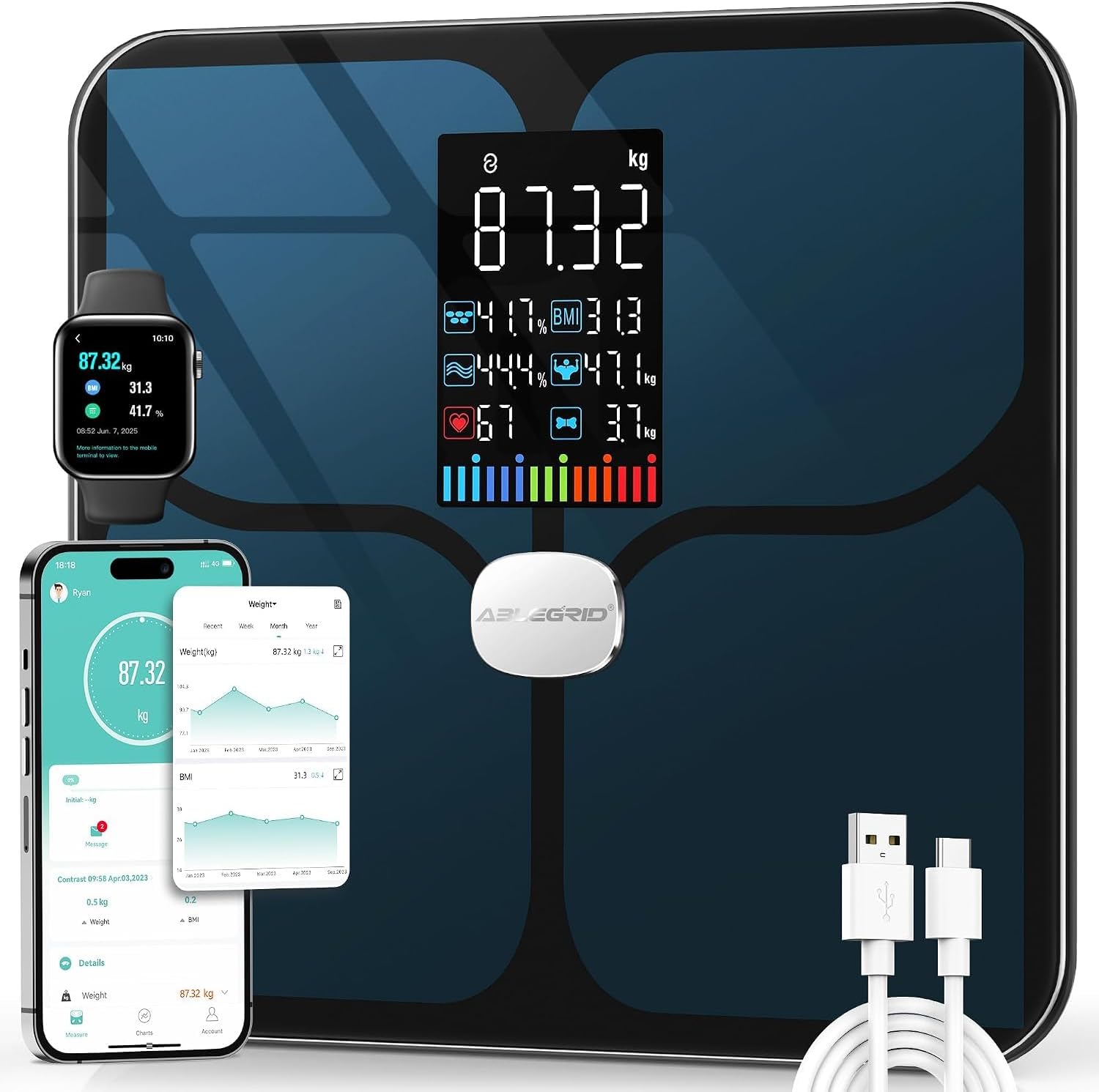 Body Fat Scale,Digital Smart Bathroom Scale for Body Weight,Large Color Display Screen,16 Body Composition Metrics BMI,Water Weigh,Heart Rate,Baby Mode,400lb,Rechargeable