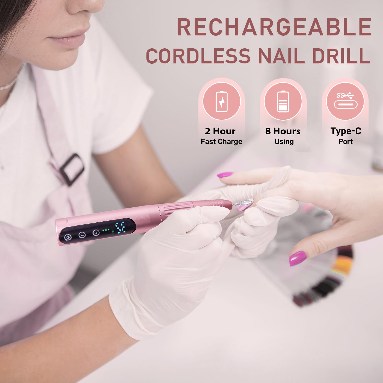 Electric Nail Drill 35000RPM,WEIKILLY Rechargeable Cordless Nail File,Professional Acrylic Gel Electric Nail Drill Machine for DIY Manicure and Pedicure,Portable Home Travel or Salon Use (Pink) - Image 2