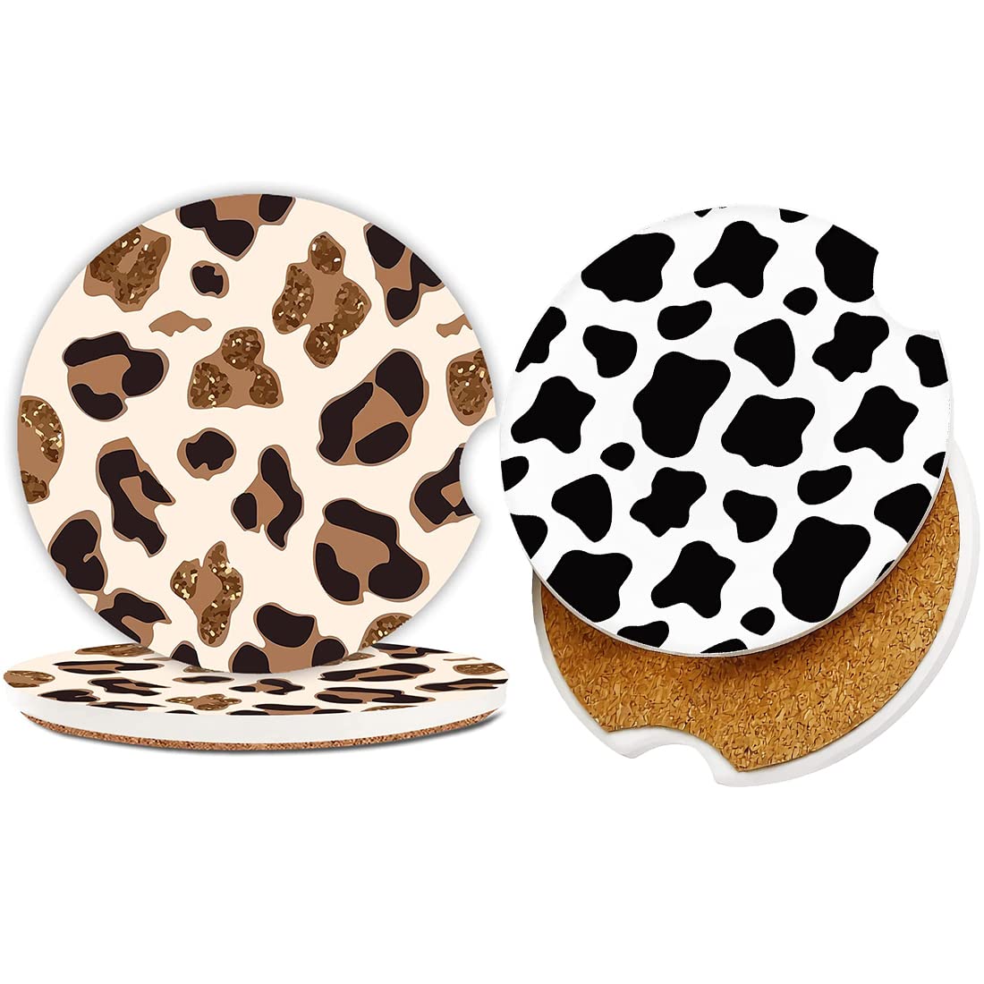 Car Cup Coasters for Drinks Absorbent, Cow Print Drink Coasters with Fingertip Grip Easy Removal, Auto Accessories for Women Men, Pack of 2