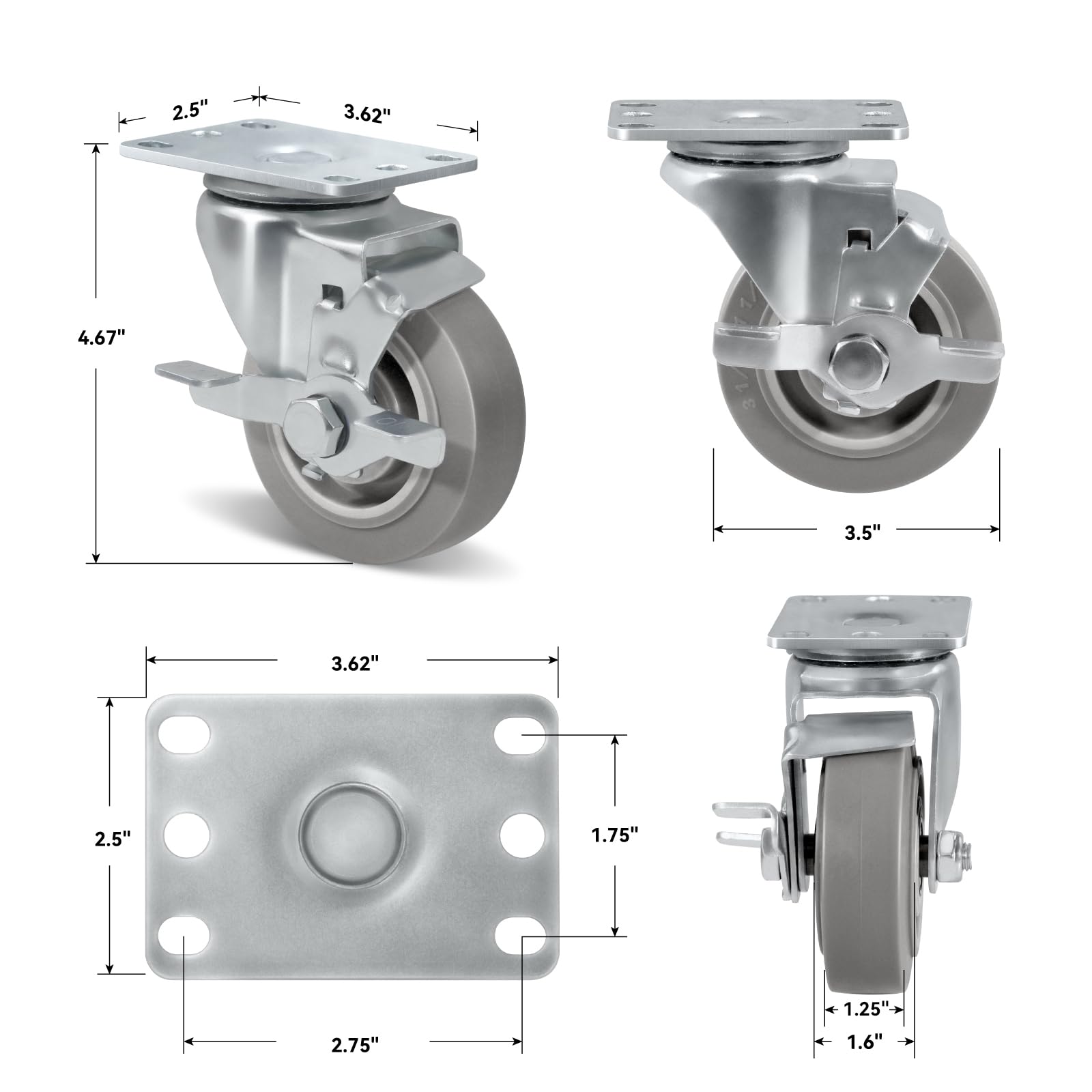 Ruedas resistentes de 8,9 cm con freno, ruedas para carro, muebles, banco de trabajo - Capacidad de carga de 453,6 kg en total (2 frenos y 2 rígidos)