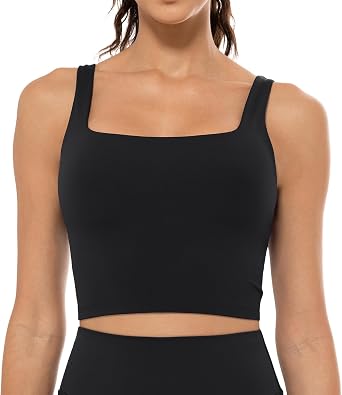 Lavento Womens Square Neck Sports Bras - Longline Padded Workout Yoga Tops with Built in Bra Black, 4