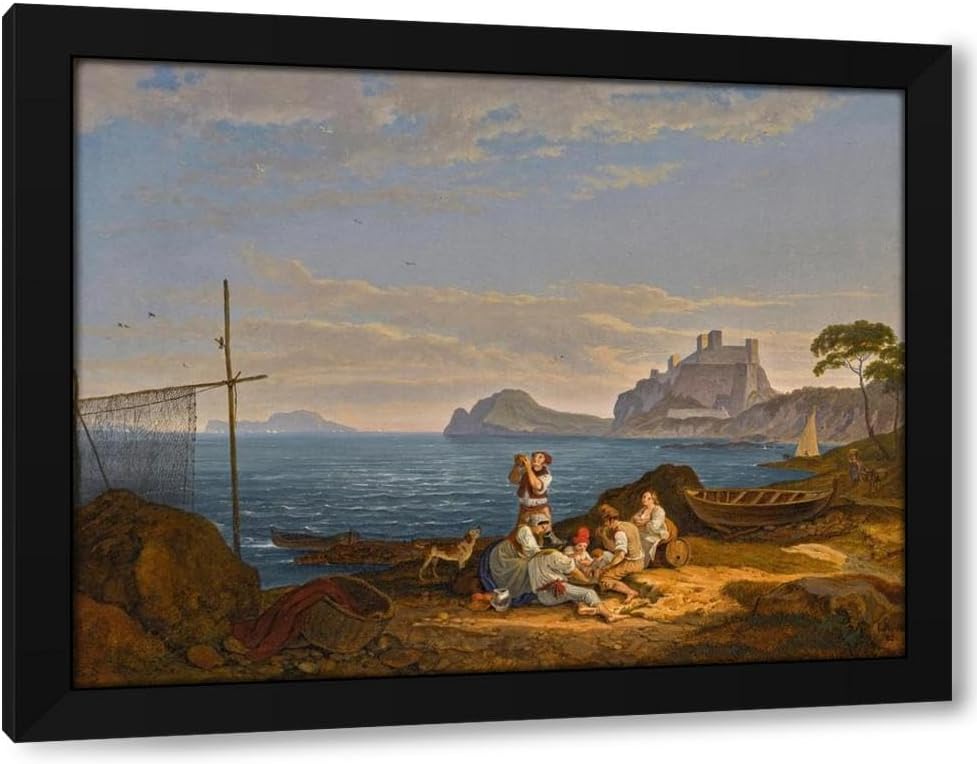 Adrian Ludwig Richter 24x19 Black Modern Framed Art Print Titled: The Bay of Naples, Capri Beyond (1830)