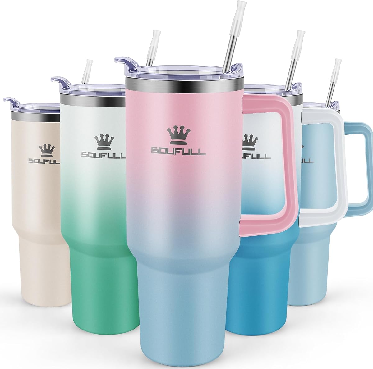 Vaso de 40 oz con asa y tapa con pajita, 100 % a prueba de fugas, rosa azul | Taza de café de viaje con aislamiento de acero inoxidable, mantiene el frío durante 34 horas o el calor durante 10 horas, apta para lavavajillas