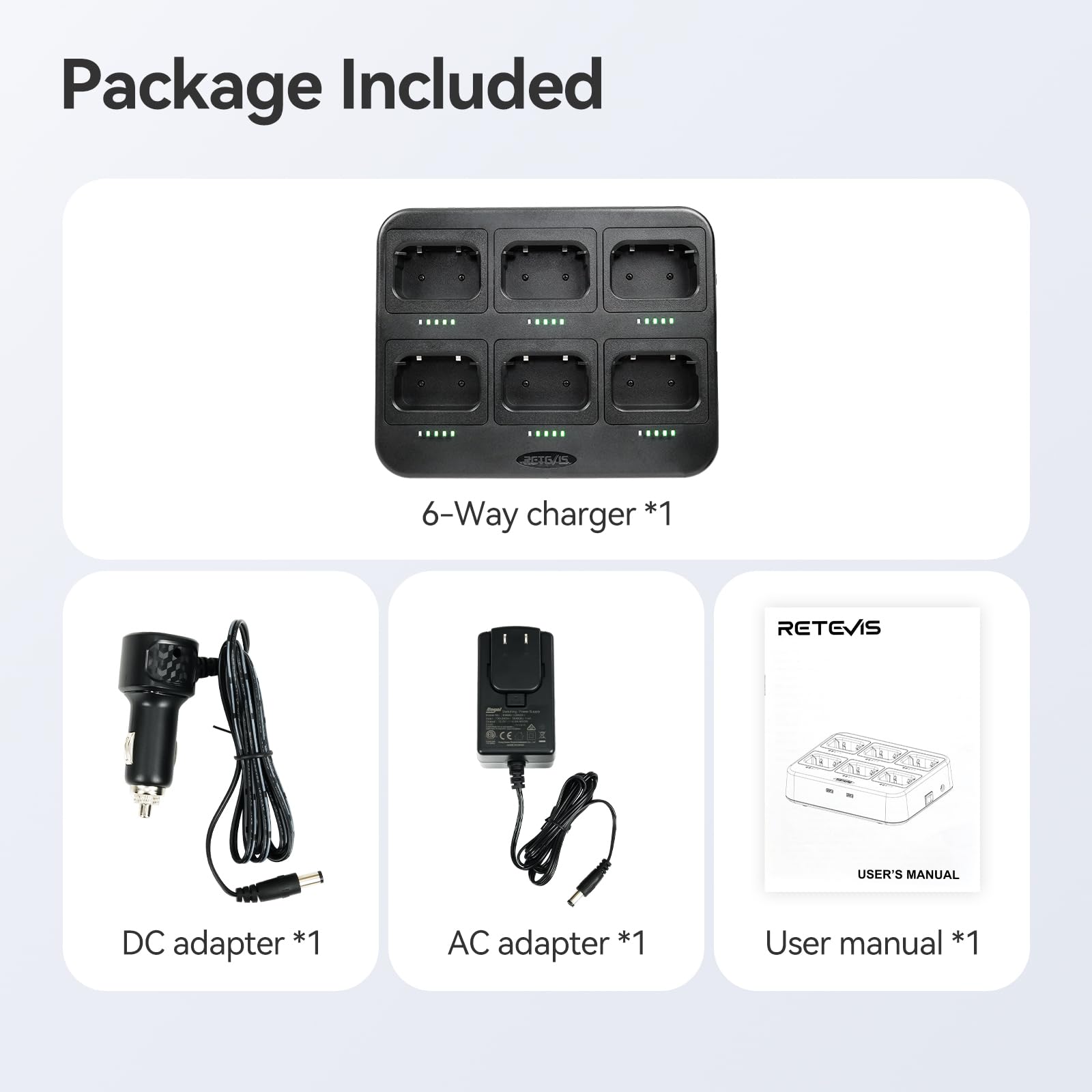 Retevis Cargador RT86 Walkie Talkie, cargador de seis vías estación de carga multiunidad, indicadores LED, adaptador CA/CC, para radio bidireccional Retevis RT86 RB89 y batería (paquete de 1)
