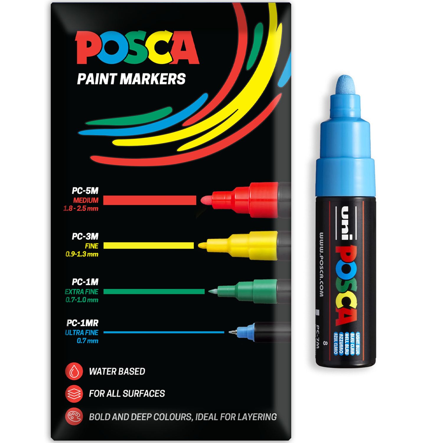 Posca Water Based Acrylic Paint Marker Pens | Multi Surface Use Permanent Paint Pen | Pack of 1 in Envelope Gift Packaging | Glass, Fabric, Canvas, Wood etc | PC-7M, Light Blue