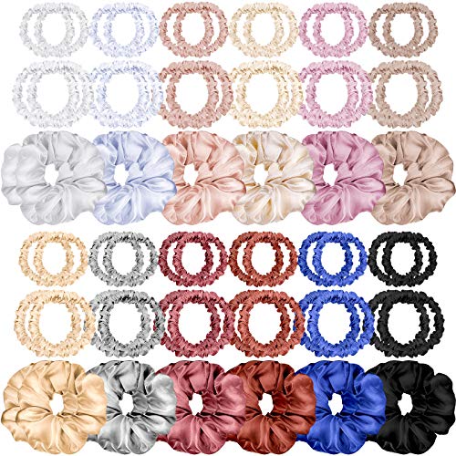 36 Pieces Silk Hair Scrunchies Skinny Satin Hair Ties Ropes Elastic Hair Bands Ponytail Holders Hair Accessories for Curly Thin Hair Women Girls, 3 Sizes, 12 Colors