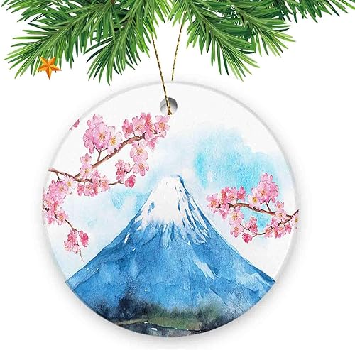 Adornos coleccionables para árbol de Navidad con pedente de 3 pulgadas, monte Fuji y flores de cerezo, para la familia
