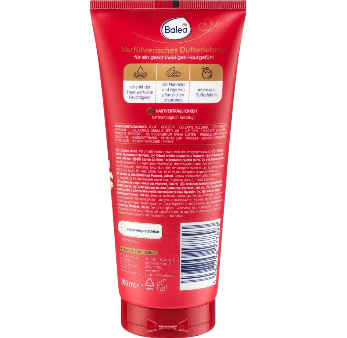 3 teilege set ;Balea Bodylotion Parfum Glamorous Moment, 200 ml + Handcreme Glamorous Moment, 100 ml + Parfum Bodyspray Glamorous Moment, 200 ml + Bonus: 1x Silikonschwamm