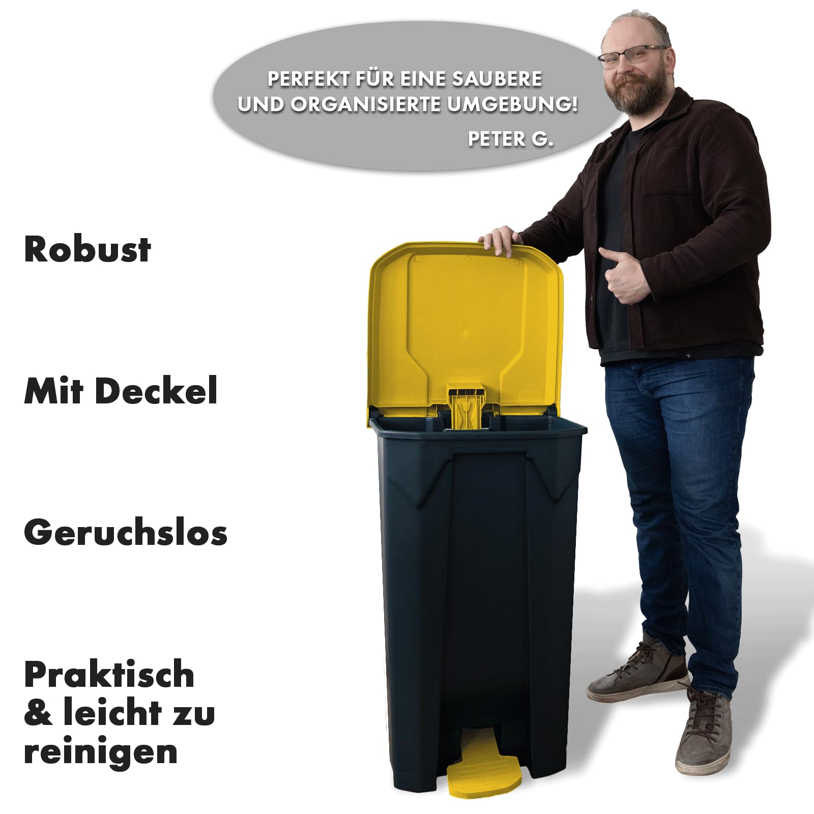 Floordirekt Olaf kosz na śmieci, 100 l, żółta pokrywka, do kuchni i biura, system segregacji odpadów, z mechanizmem Step-On, kosz na śmieci