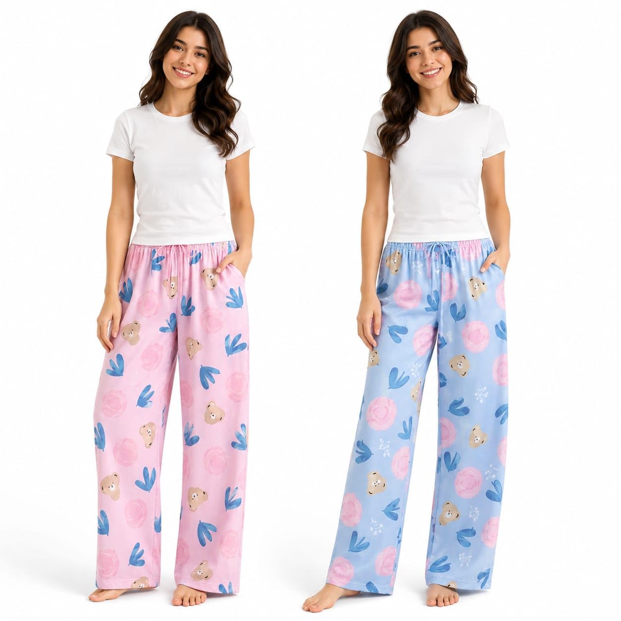 Women's Cotton Printed Pyjama Lounge Pants, Pink and Blue, Teddy Bear Floral Print, Elasticated Waist with Drawstring-image-25