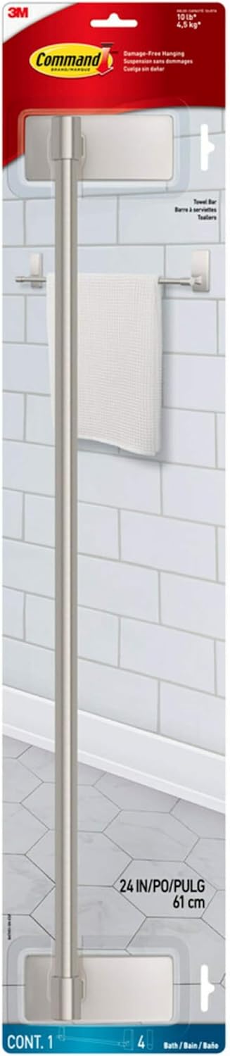 Command Bath Satin Nickel Towel Bar with Water Resistant Command Strips, Bathroom Organizer, 24 in Bar Length Holds up to 10 lbs
