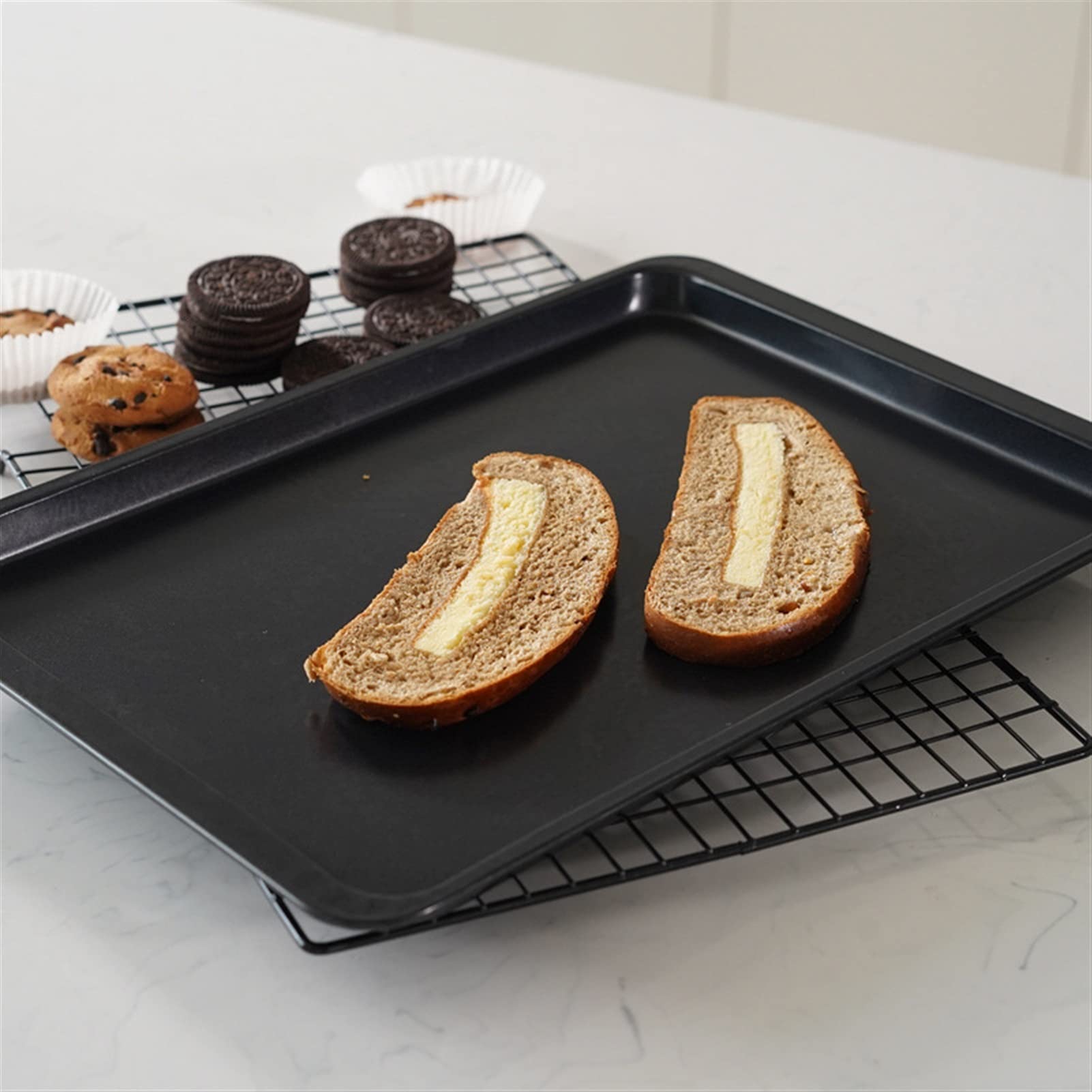 ACiyD Antihaft-Kohlenstoffstahl-Backblech, Kekse, Brot, Kuchen, Ofen, flaches schwarzes Backblech-Set