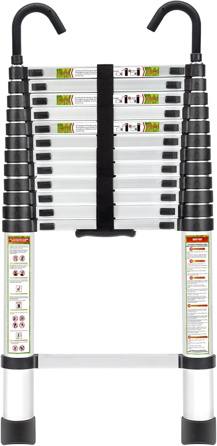 Telescopic Ladder, 12.5FT RIKADE Aluminum Telescoping Ladder with Non-Slip Feet and Stable Hook, Portable Extension Ladder for Household and Outdoor Working, 330lb Capacity Aluminum 12.5 FT