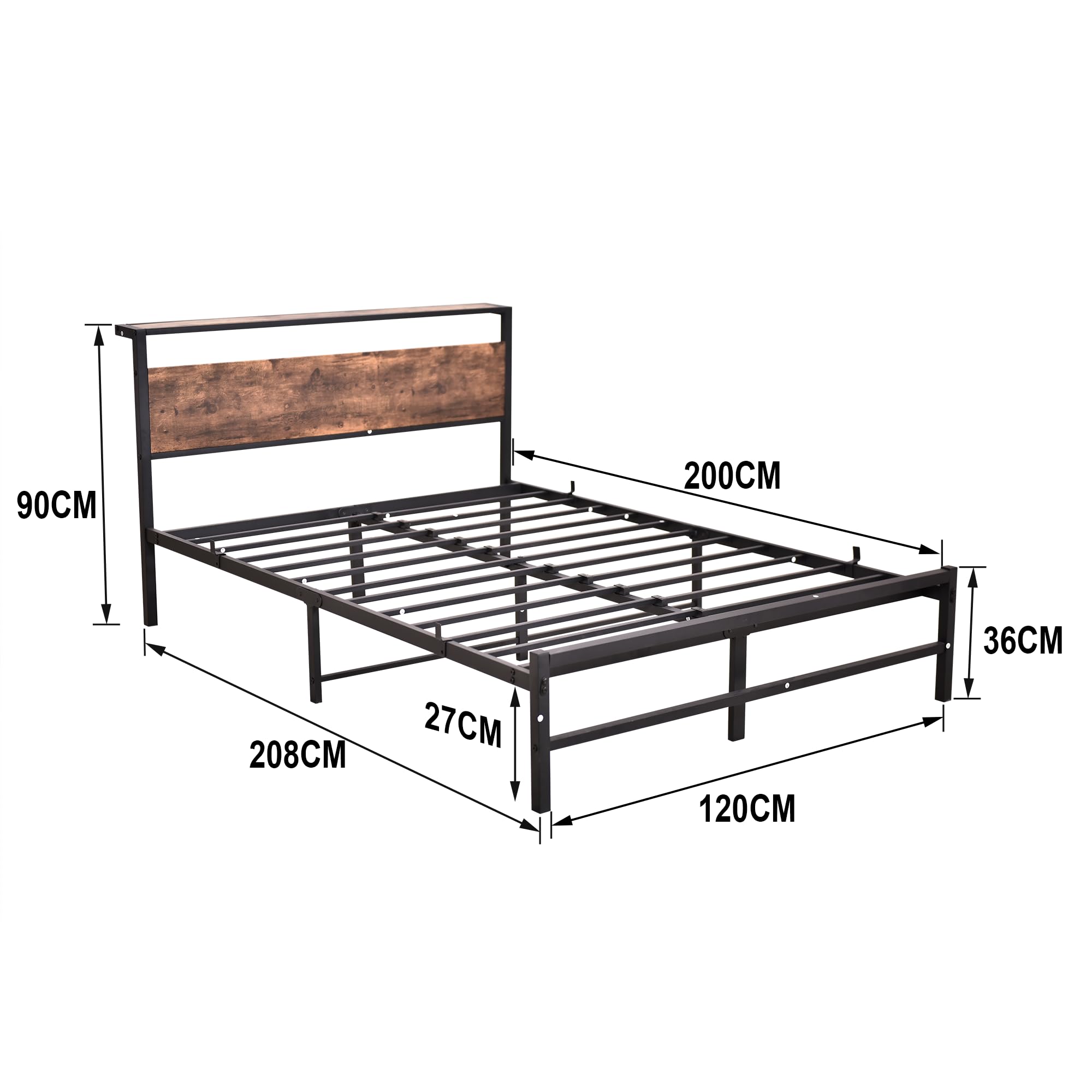 Metallbett Bettrahmen mit Holz Lagerung Kopfteil, Bettgestelle mit Lattenrost für Schlafzimmer Gästezimmer, Einfache Montage, Rauschfrei, 120 x 200 cm