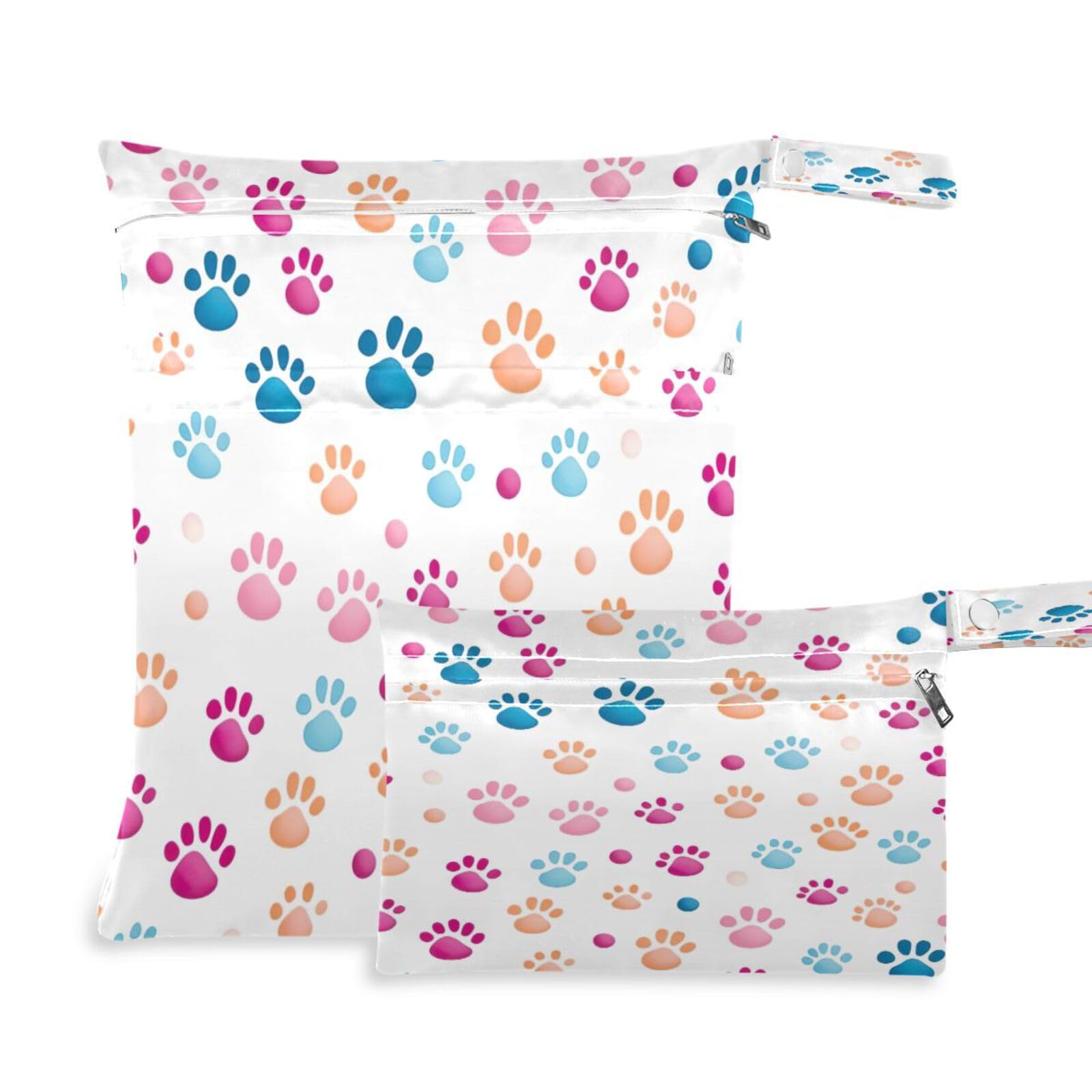 ATTX Cute Paw Prints Wet Dry Bags 2-Pack - Reusable Cloth Diaper Storage for Travel, Beach & Gym | Multi-Use Waterproof Bags for Swimsuits, Baby Clothes, Sports Gear#287