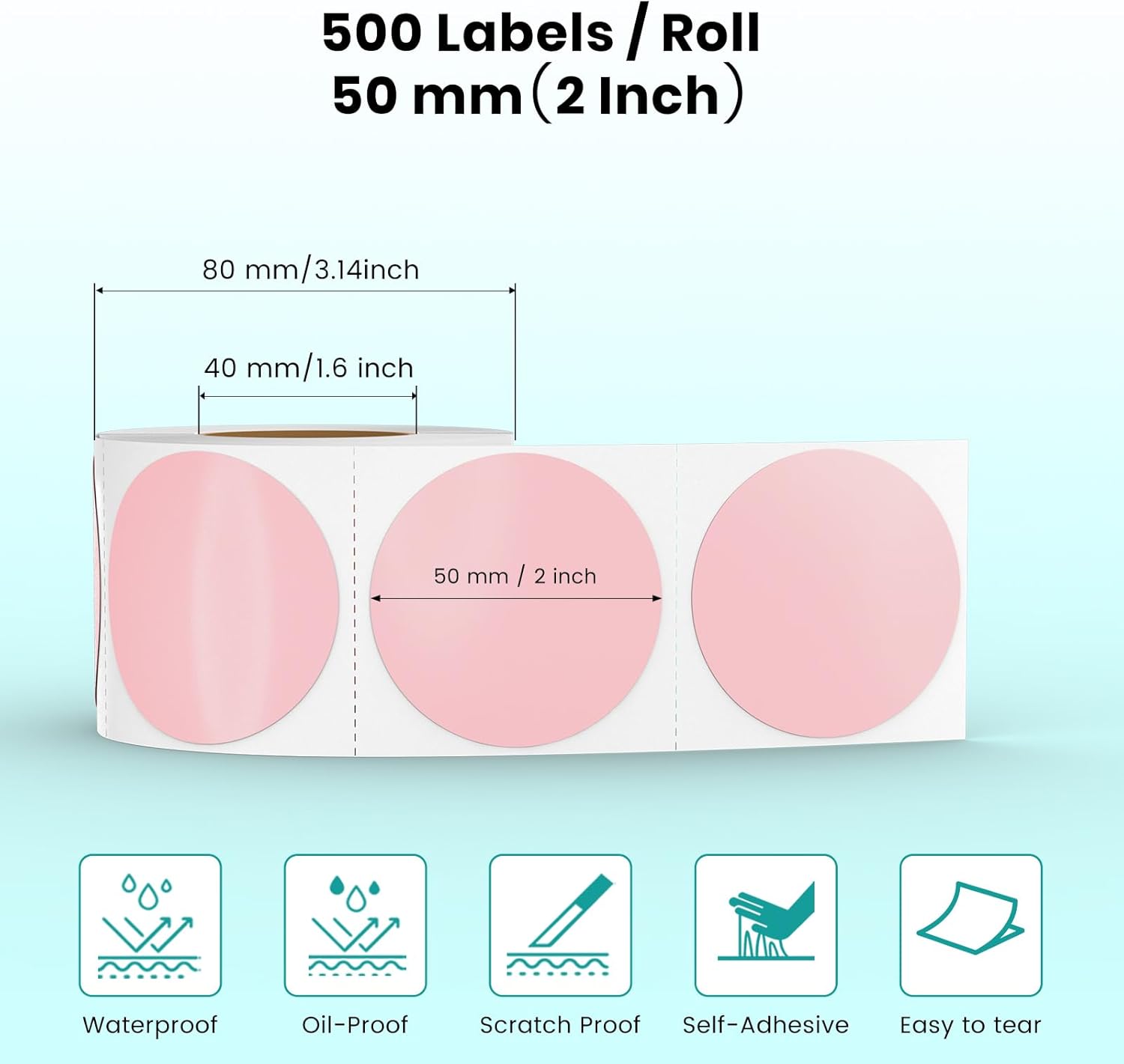 Pink Circle Thermal Labels Vinyl 2 Inch Self-Adhesive Round Stickers Roll Waterproof Printer Decals Name Tag for QR Code DIY Office Address 500 PCS - Image 2