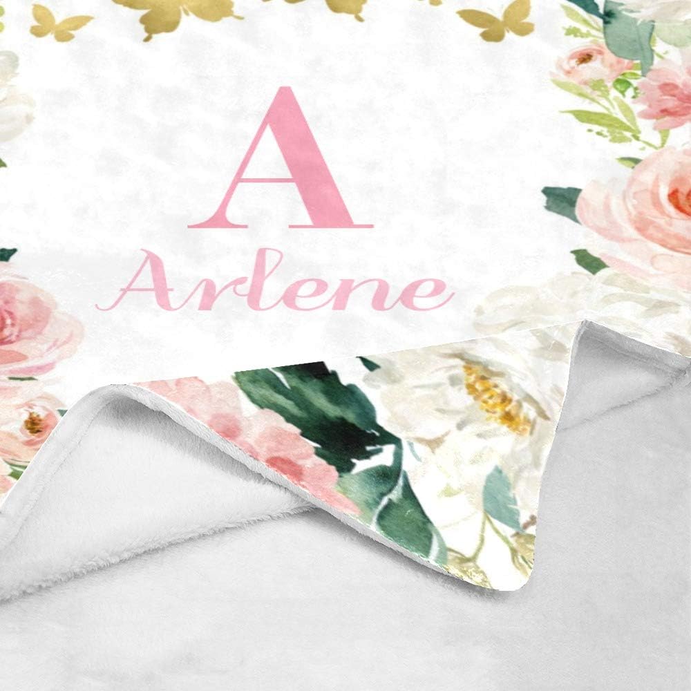 Pink Floral Butterfly Personalized Receiving Baby Blankets for Girls Boys with Name,Customized Swaddle Blankets Gift for Newborn Crib Infants 30x40 Inches