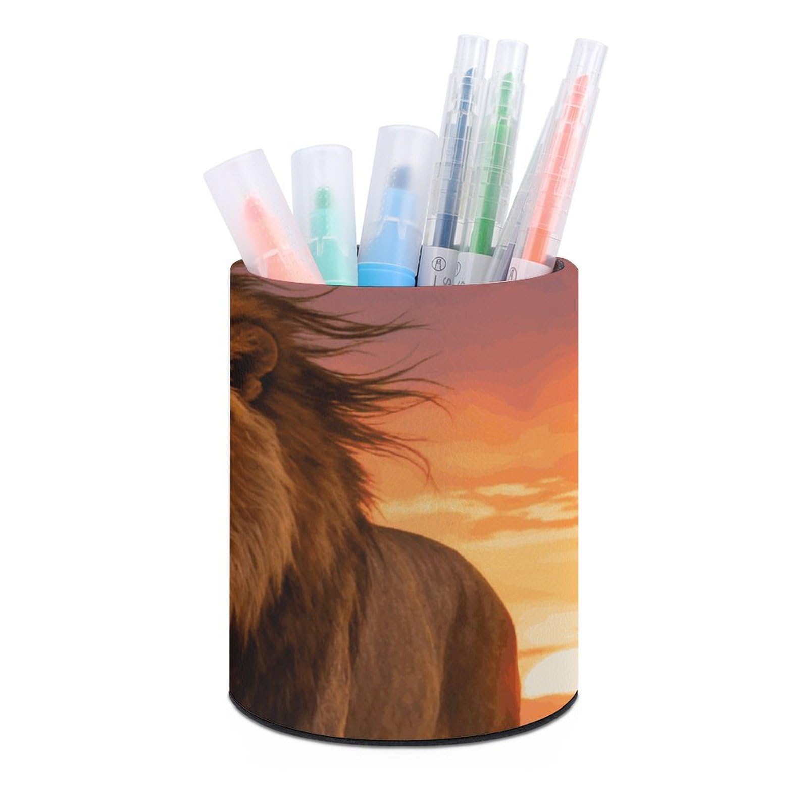 DWVTSLH Aesthetic Pen Holder for Desk - Modern Leather Pencil Holder - Stylish Round Makeup Brush Holder - Prairie Lion Pen Cup Cute And Functional Desk Organizer for Office Supplies