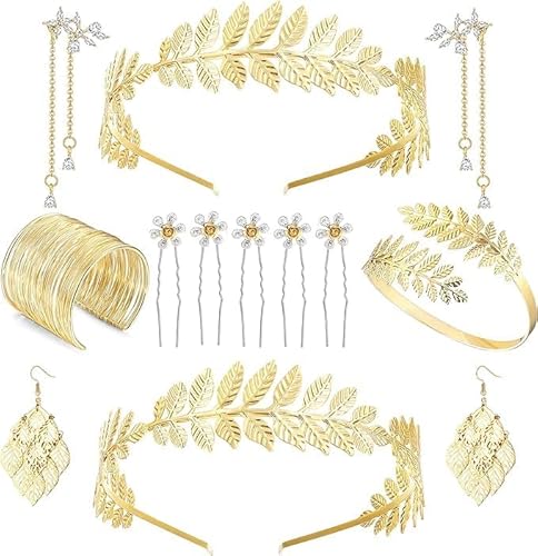 LOLIAS Disfraz Diosa Griega Mujer Diosa Griega Accesorios Laurel Hoja Corona Diadema Brazo Banda Brazo Carrete Hoja Pulsera Perla Pendiente Novia Boda Tocado Bisutería Collar Dorado Carnaval