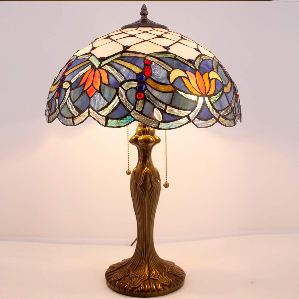 WERFACTORY Tiffany Table Lamp Stained Glass Style Bedside Lamp Blue Lotus 16X16X24 Inches Desk Reading Light Metal Base — view 4