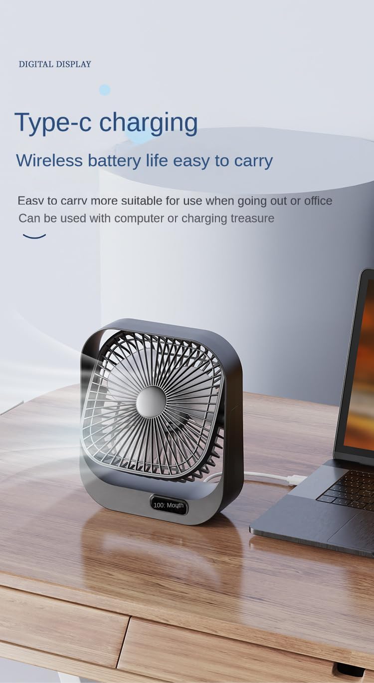 Portable fan connected to a laptop via a Type-C cable for charging.