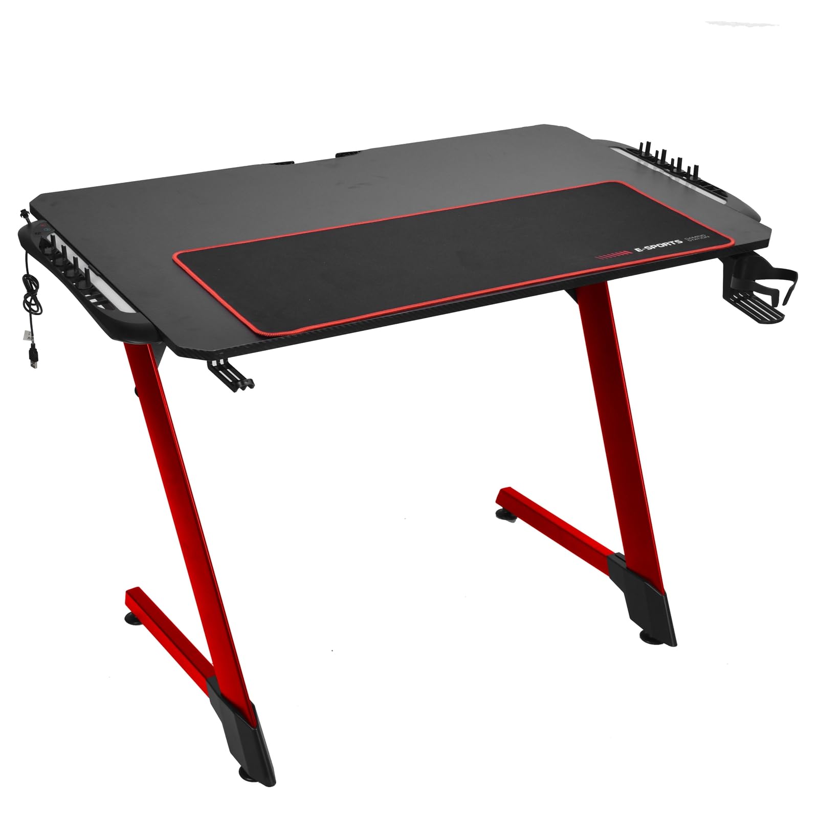 Cocoarm Biurko do Gier, Biurko Komputerowe RGB 100 X 60 X 75 Cm Z Blatem ze Wzorem Z Włókna Węglowego, Stalowe Nogi w Kształcie Litery Z, Oświetlenie do Synchronizacji Muzyki, Podkładka Pod Mysz