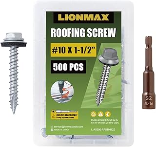 LIONMAX 500-PCS Metal Roofing Screws #10 × 1-1/2 Inch, Rustproof Coating Hex Head Sheet Metal to Wood Siding Screw with Rubber Washer, Sharp Point, Hex Socket Included