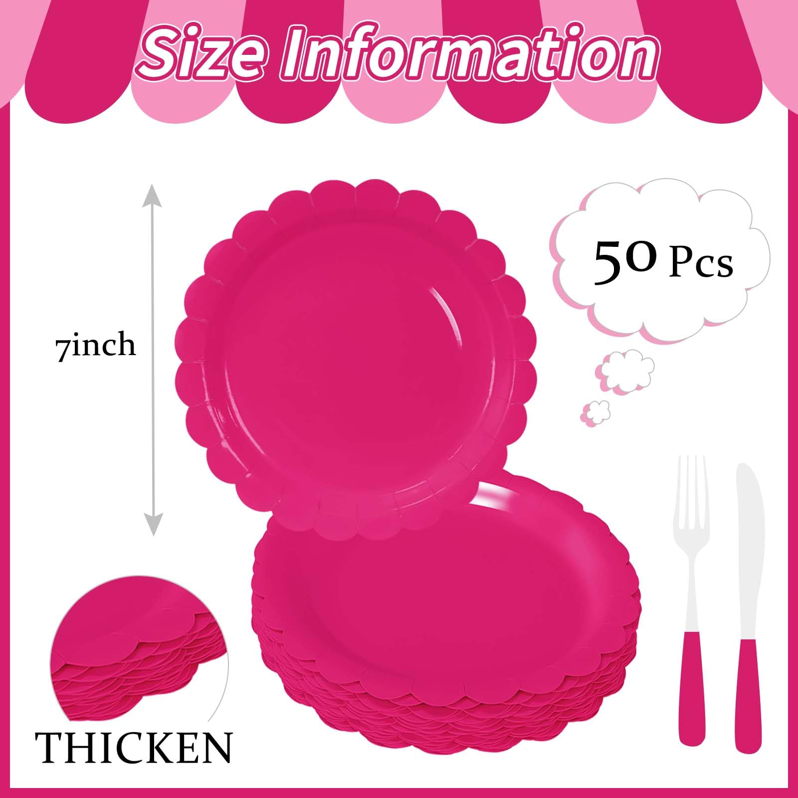 Lot de 50 assiettes en carton festonnées jetables rose vif de 17,8 cm pour mariage, fête prénatale, fête d'anniversaire, assiettes à dessert jetables