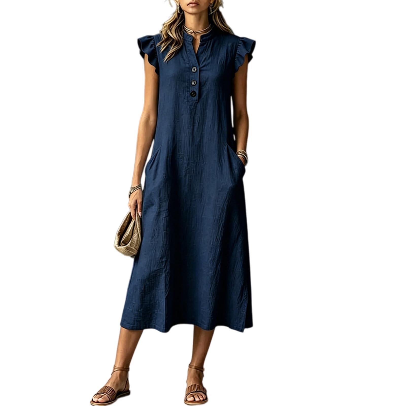 Abito Donna Cotone Biancheria Midi Stand Collare Ruffle Manica Sciolto Abito, Pulsante Anteriore Tasche Laterali Abito-Pink-m