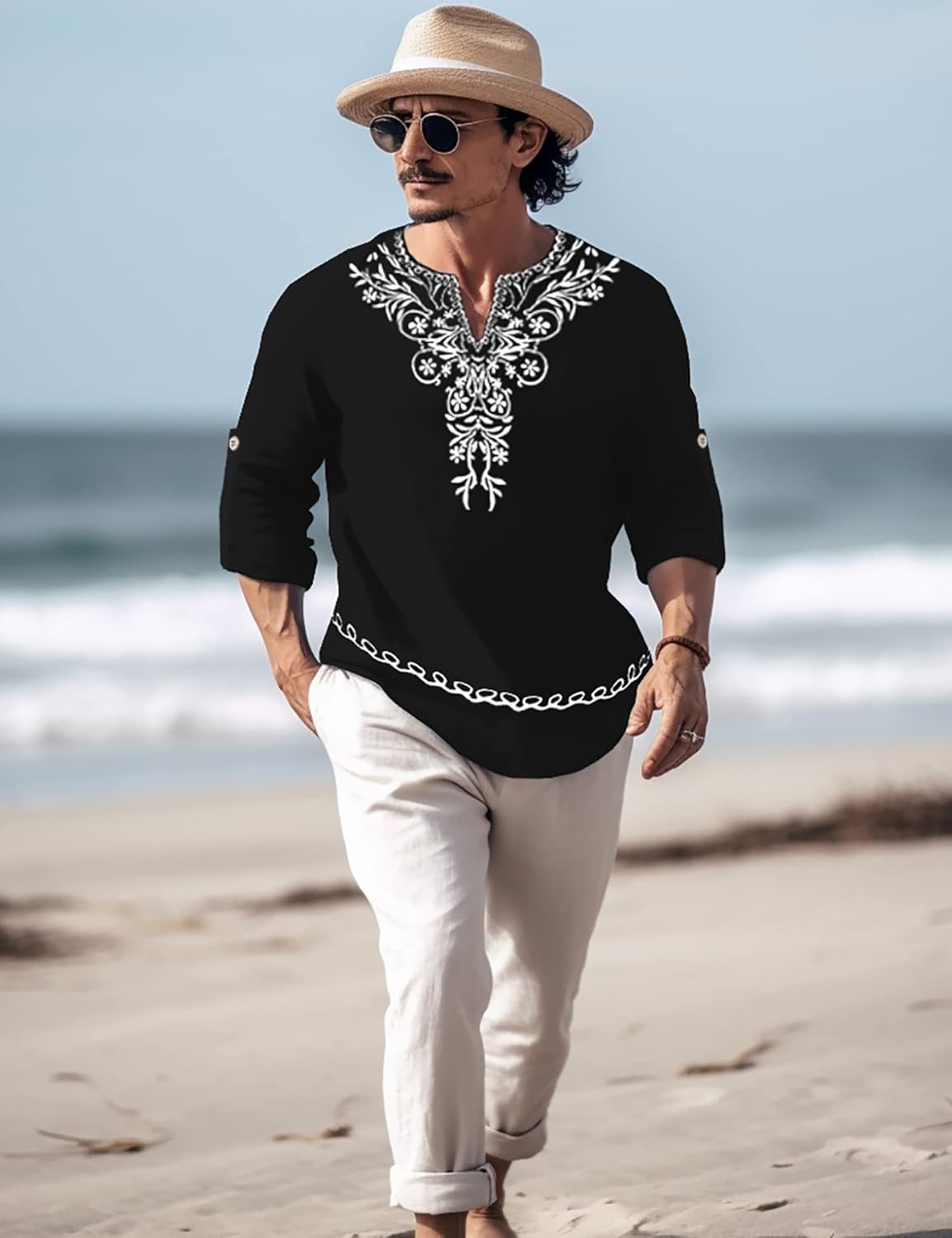 JoZorro Mens Polyester Linen V Neck Henley Shirt Long Sleeve Caftan Handmade Tunic Embroidered Casual Beach T Shirts - Image 2