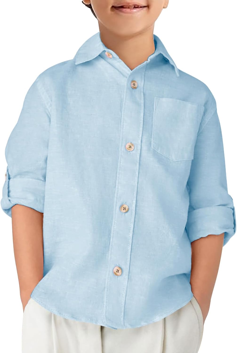 Haloumoning Boys Linen Button Down Dress Shirt Kids Long Sleeve Shirts Tops with Chest Pocket 5-14 Years