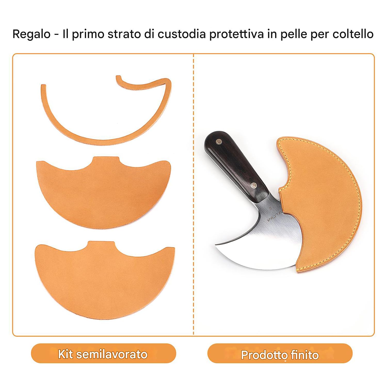 WUTA Coltello rotondo in pelle, coltello con testa rotonda in acciaio ultra affilato, strumento fai da te per intagliare la pelle(5 pollici)