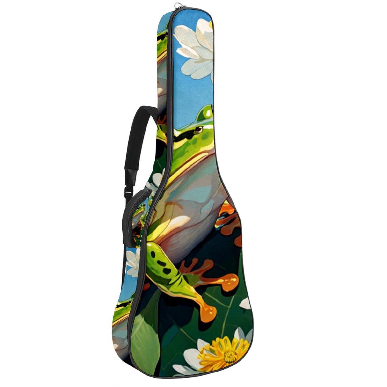 Großer schöner Gitarrenkoffer, wasserdichte Akustikgitarrentasche für 40/41/42 Zoll Gitarren, niedlicher Frosch und Blume, mehrfarbig, 42.9x16.9x4.7 in, Gitarrentasche