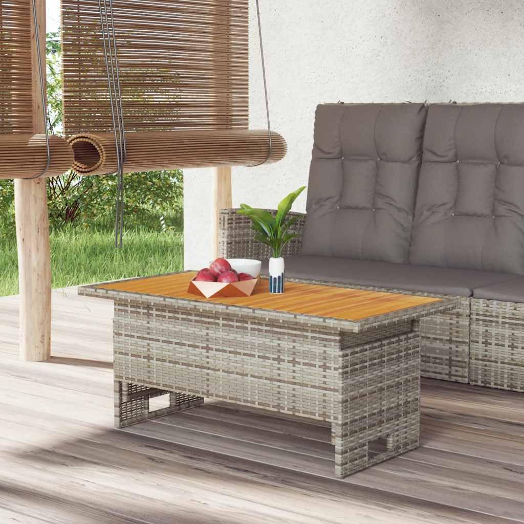 Stół ogrodowy, szary, 100 x 50 x 43/63 cm, drewno akacjowe i polirattan, z blatem o regulowanej wysokości, malowana proszkowo rama stalowa, odporna na warunki atmosferyczne, na taras, balkon