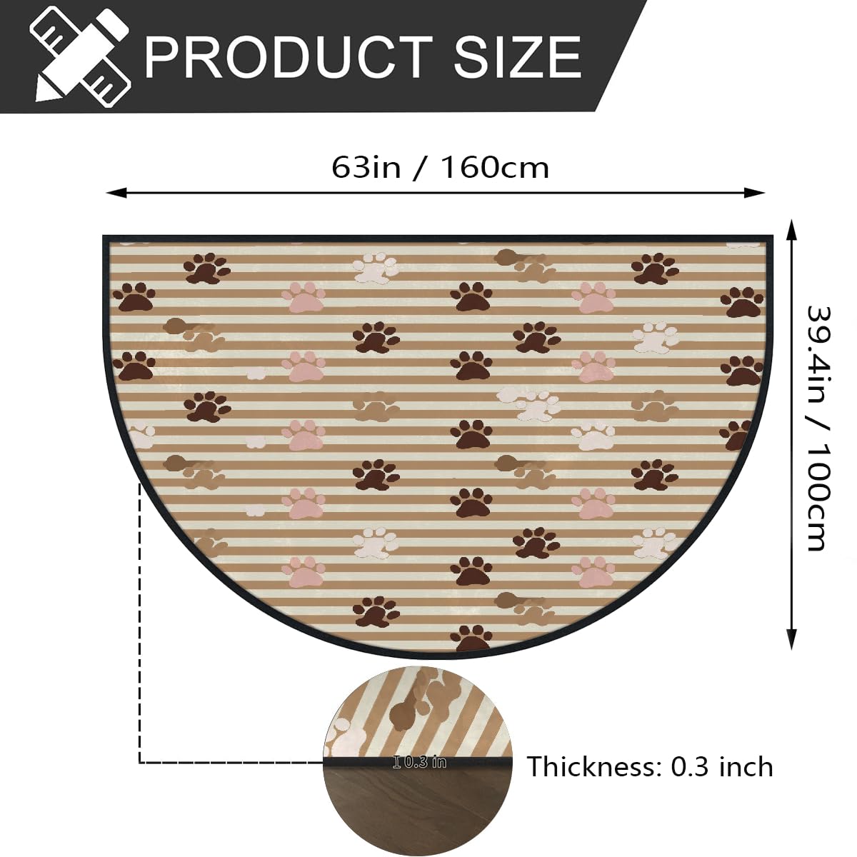 Mexpekil Paillasson demi-rond antidérapant lavable avec motif pattes de chien - Demi lune - Tapis de sol absorbant et anti-saleté - Motif à rayures - 100 x 160 cm