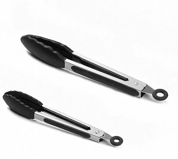 Kitchen Tongs with Silicone Tip Stainless Steel Heat Resistant for Cooking, Non-stick Pull Lock, Set of 2-7" and 9" Black