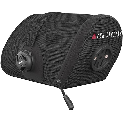 KOM Cycling Saddle Bag - Bike Saddle Bag to Carry Multi-Tool, Tube, Tire Levers, Securely Under Bike Seat Featuring for Garmin Varia Mount, ATOP Lacing Dial, and Inner Pocket for Apple AirTag.