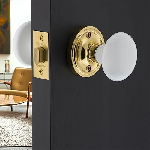 Miniatura 2 de Nostalgic Warehouse 702208 Rosetón clásico con pomo de puerta de porcelana blanca, paso - 2.375 pulgadas, latón pulido