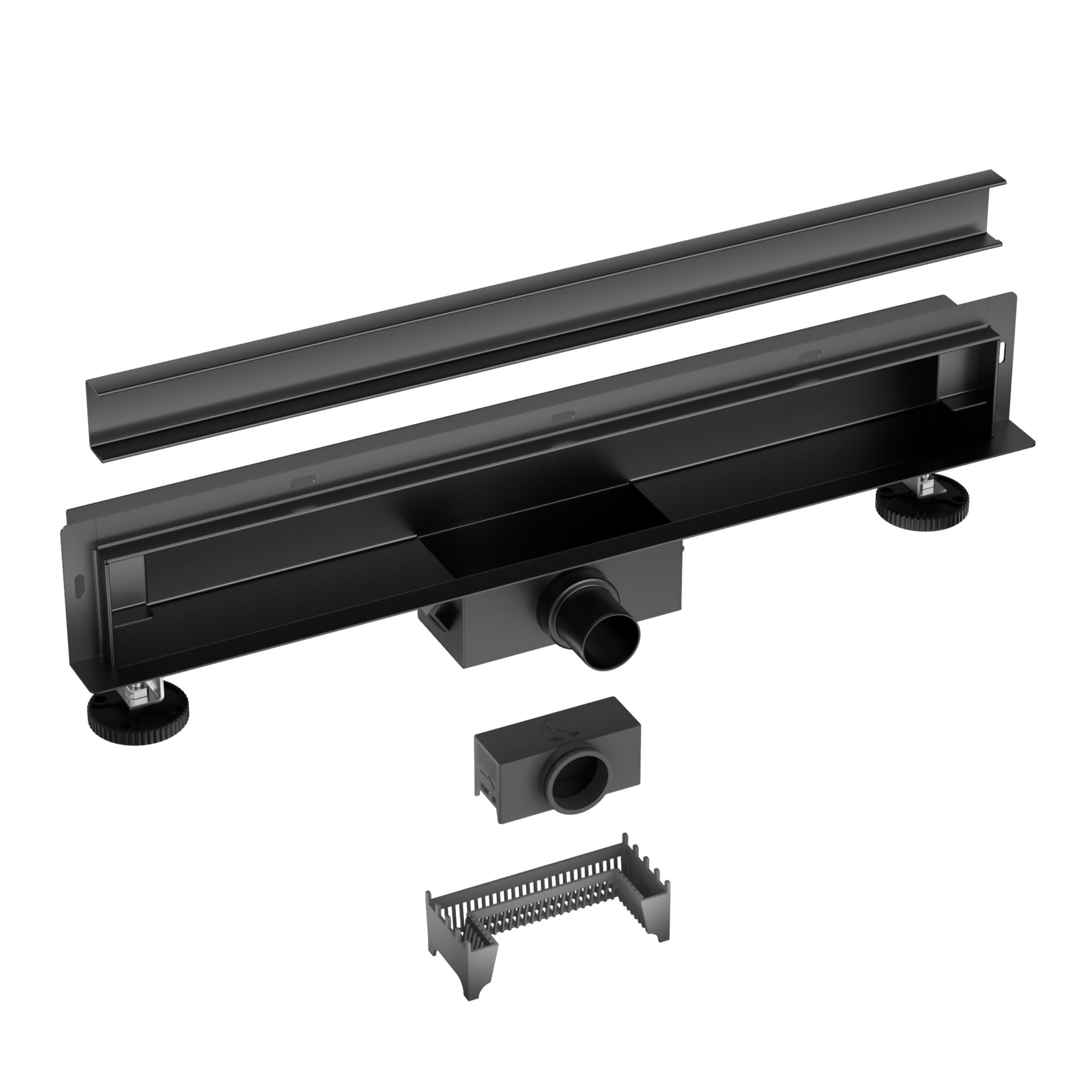 Duplex Next Canaleta de Ducha Kit Completo 60 cm - Desagüe de Ducha Lineal 2 en 1, Rejilla Plana para Suelo con Sifón Antiolores y Filtro para Pelo - Acero Inoxidable, Negro Espejo